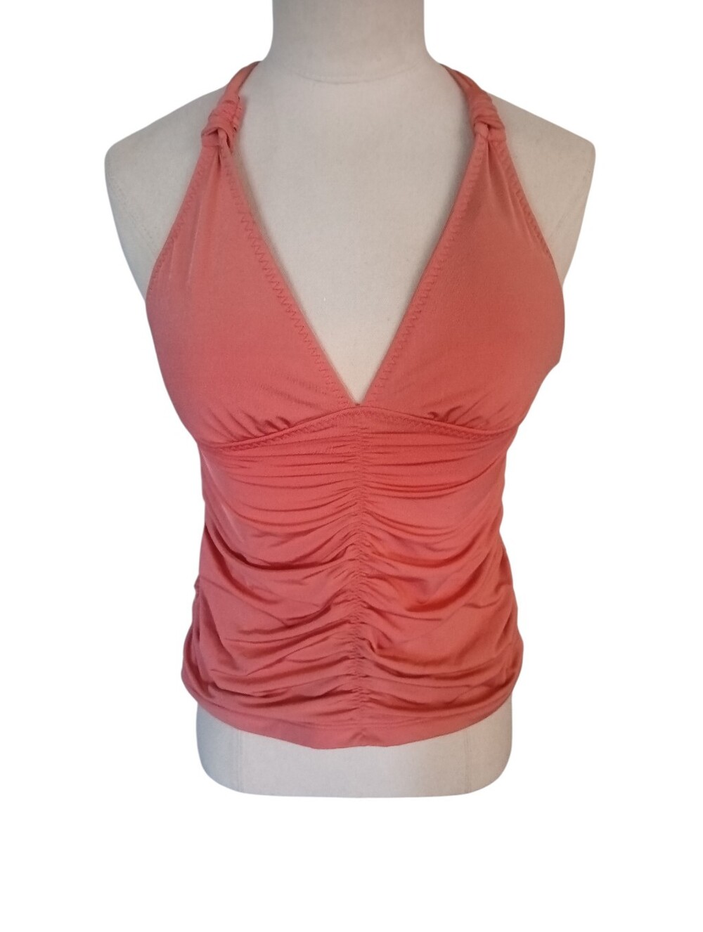 Athleta Aqualuxe Tankini Swim Top Light Coral Sunset Ruched Deep V UPF 50 Size S